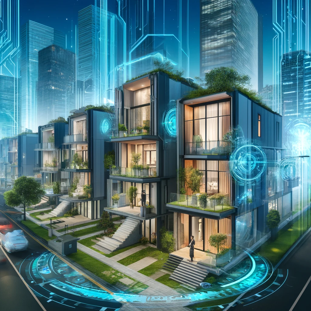 DALL·E 2024-04-12 11.28.22 - Create images of futuristic townhouses with innovative designs, incorporating eco-friendly and smart home features, set within a high-tech urban envir