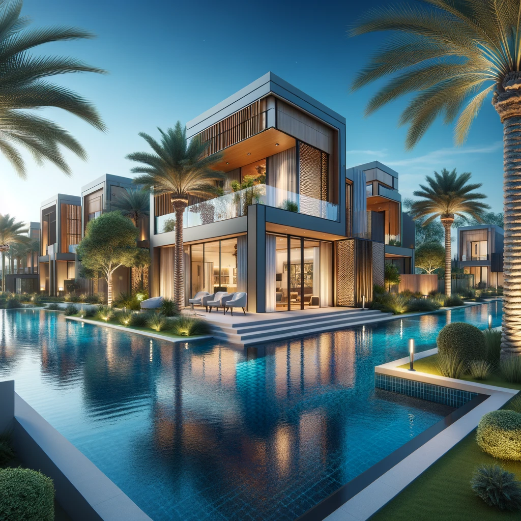 DALL·E 2024-04-12 11.30.12 - Create images of luxurious villas with modern designs, set in an upscale residential environment