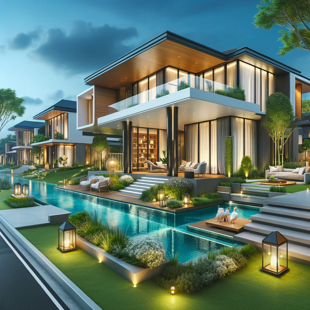 DALL·E 2024-04-12 11.30.18 - Create images of luxurious villas with modern designs, set in an upscale residential environment