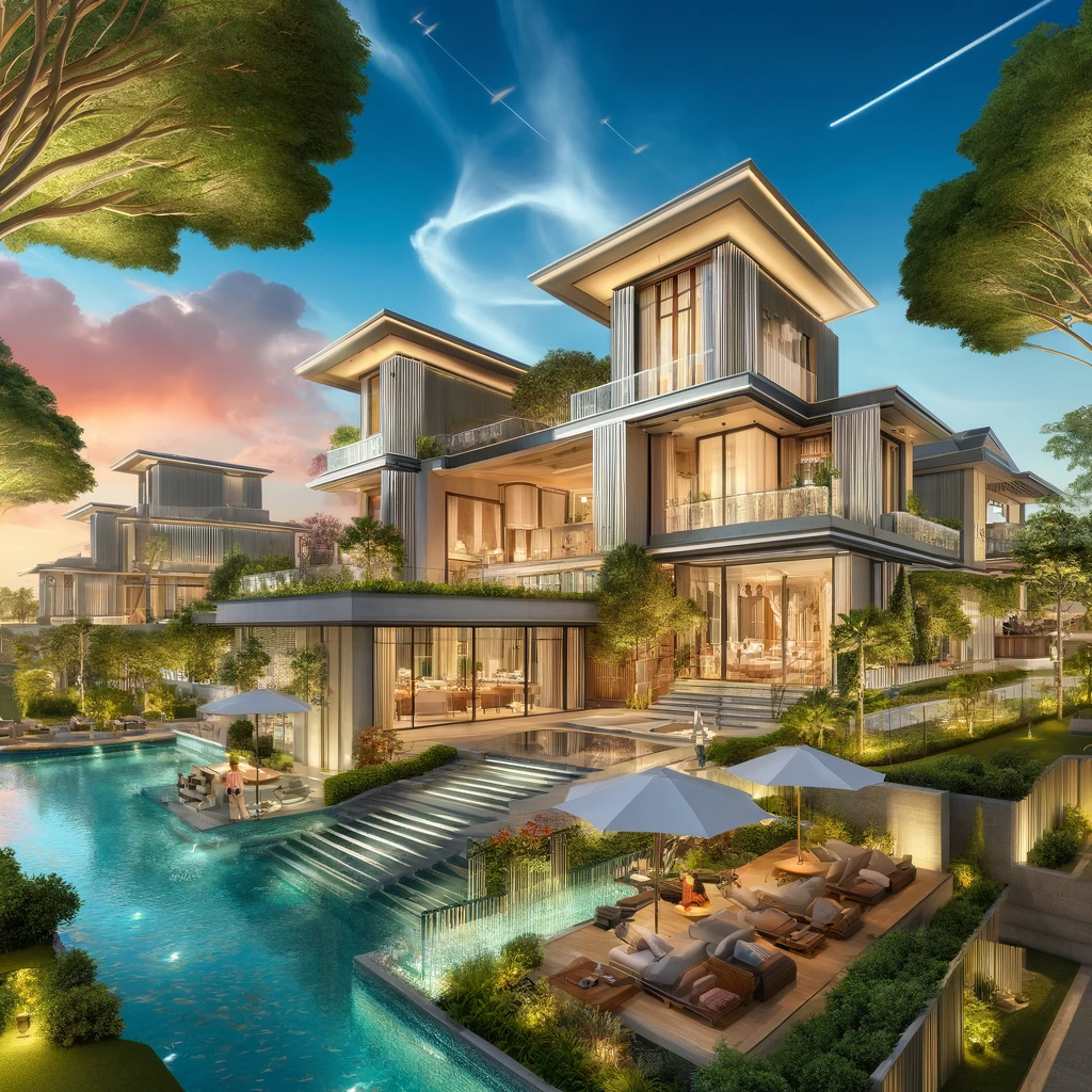 DALL·E 2024-04-12 12.41.31 - Create images of opulent villas with contemporary designs, featuring lush landscapes and premium amenities, in a high-end residential area