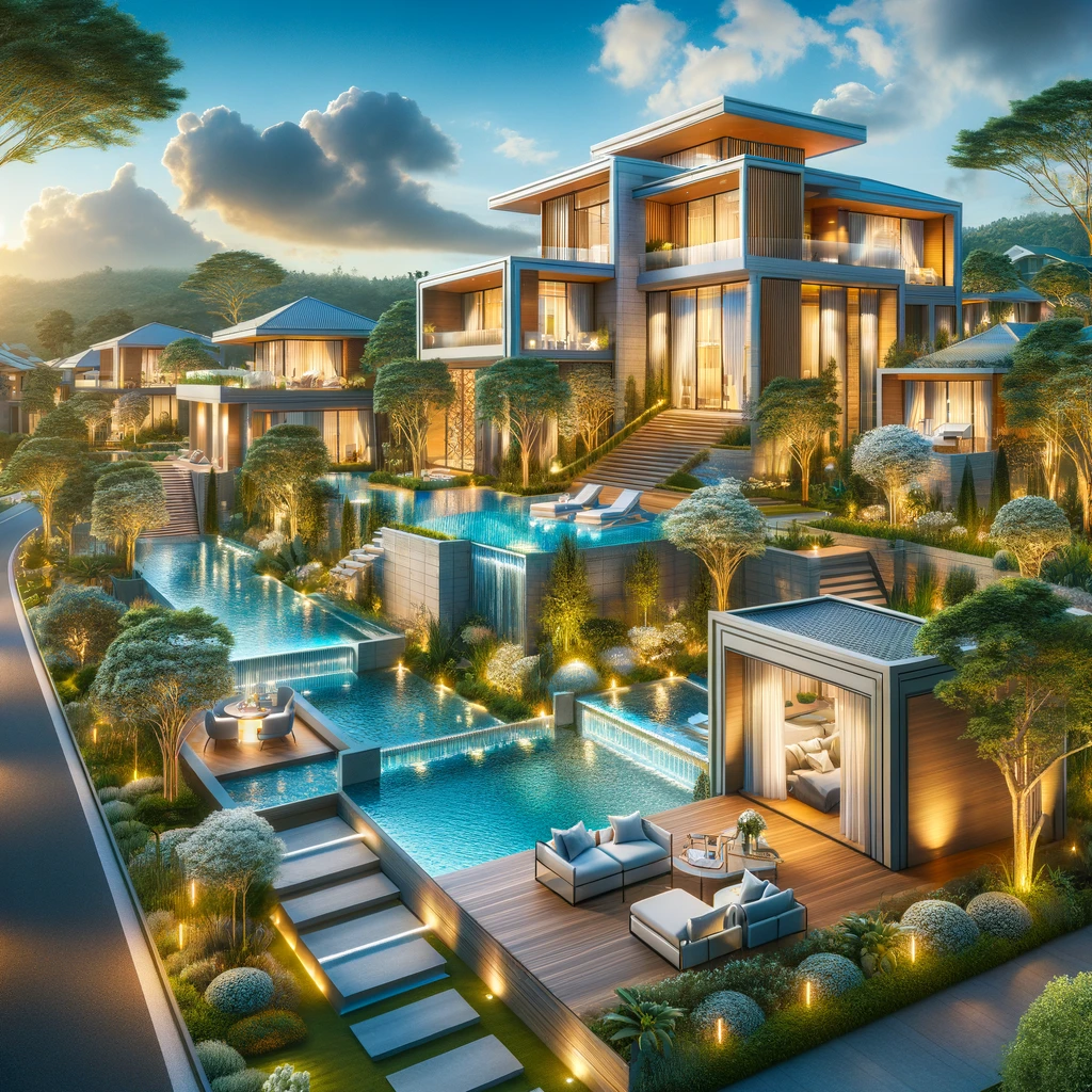 DALL·E 2024-04-12 12.41.38 - Create images of opulent villas with contemporary designs, featuring lush landscapes and premium amenities, in a high-end residential area