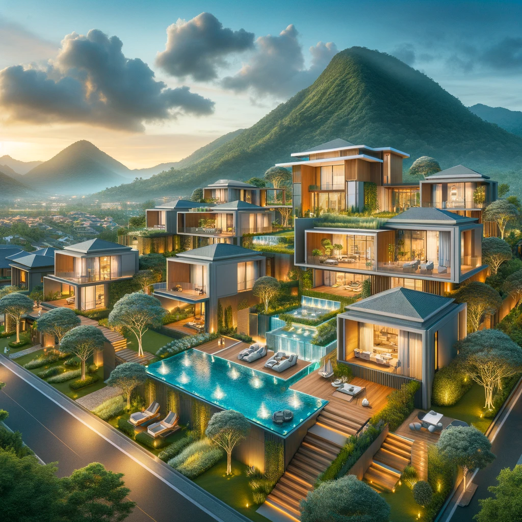 DALL·E 2024-04-12 12.42.28 - Create images of opulent villas with contemporary designs, featuring lush landscapes and premium amenities, situated beside a mountain in a high-end r