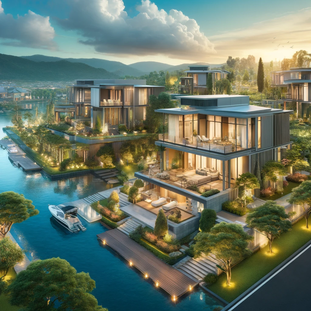 DALL·E 2024-04-12 12.43.13 - Create images of luxurious villas with contemporary designs, featuring lush landscapes and high-end amenities, situated beside a river in an upscale r