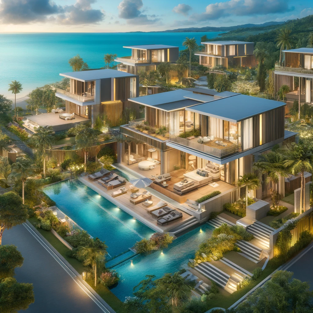 DALL·E 2024-04-12 12.44.01 - Create images of luxurious villas with contemporary designs, featuring lush landscapes and high-end amenities, located near a beach in an upscale resi