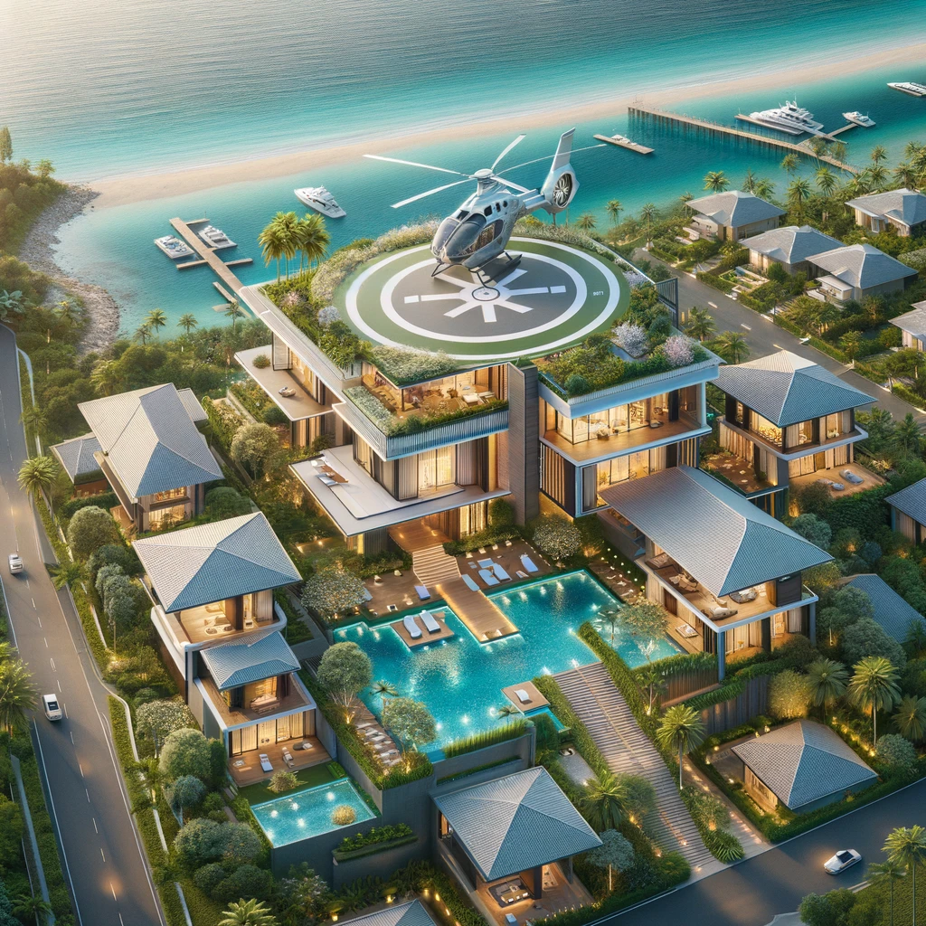 DALL·E 2024-04-12 12.45.20 - Create images of luxurious villas with contemporary designs, featuring lush landscapes and high-end amenities, located near a beach in an upscale resi