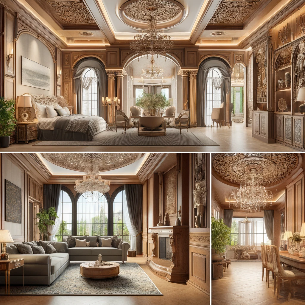 DALL·E 2024-04-12 12.48.45 - Create images showcasing the interior design of luxurious villas with a classic style. Include various rooms such as the living room, bedroom, and kit