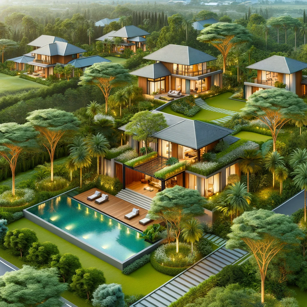 DALL·E 2024-04-12 13.13.12 - Create highly realistic images of luxury villas surrounded by lush, real-looking trees and landscaping. The villas should be completed structures, ele