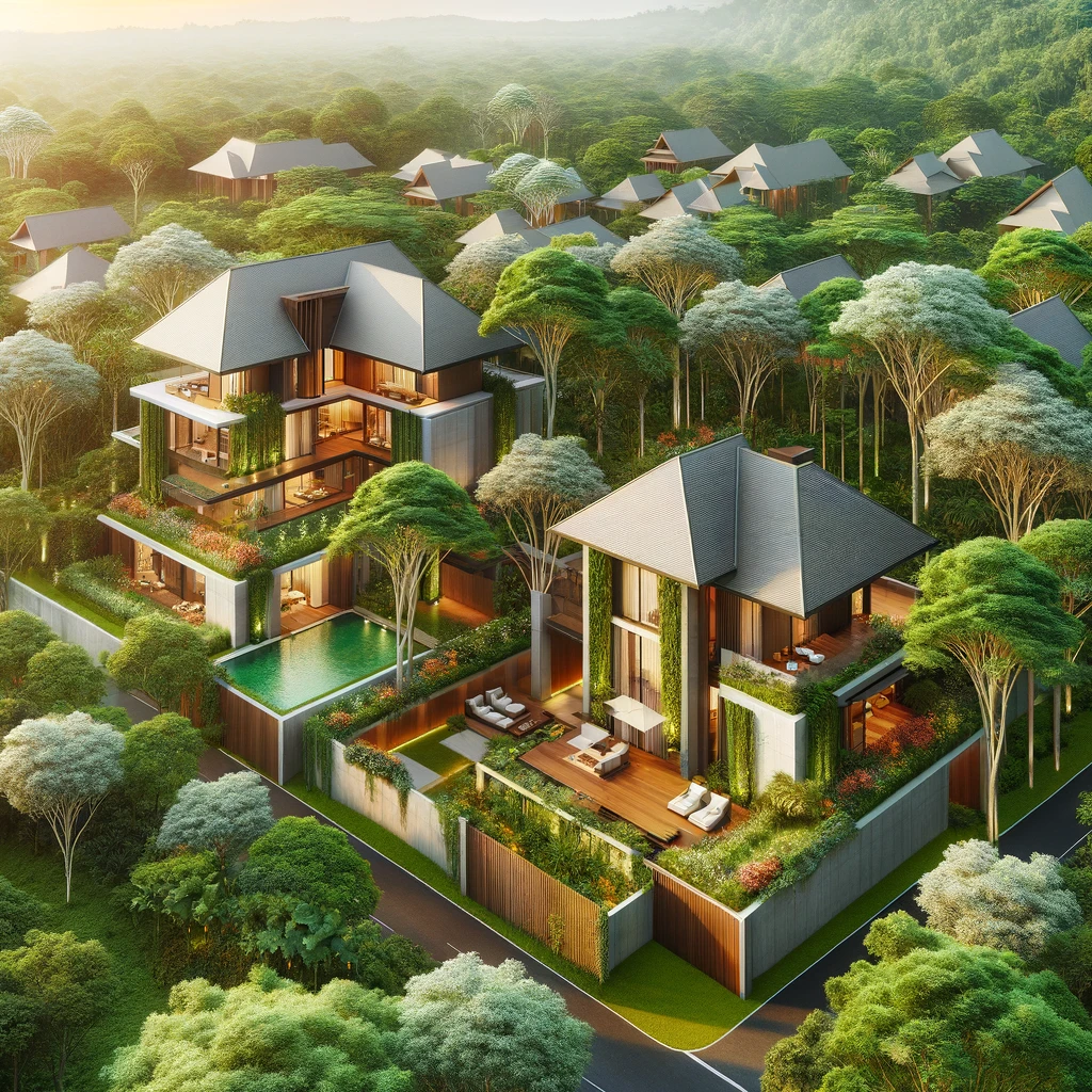 DALL·E 2024-04-12 13.13.18 - Create highly realistic images of luxury villas surrounded by lush, real-looking trees and landscaping. The villas should be completed structures, ele